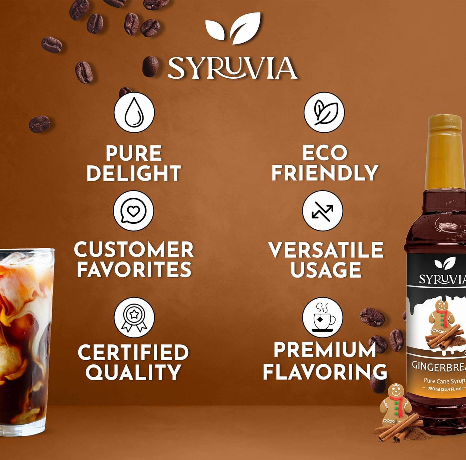 Syruvia Gingerbread Syrup – 25.4 fl oz Syrup for Coffee, Lattes, Shakes, Smoothies, Desserts – 100% Vegan, Gluten Free, Kosher. Perfect for use in Coffee, Cocktails and More.