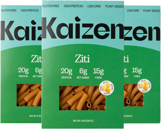Kaizen Low Carb Pasta Ziti - Gluten-Free, High Protein, Keto Friendly, Plant Based, Made with High Fiber Lupin Flour - 8 ounces (Pack of 3)