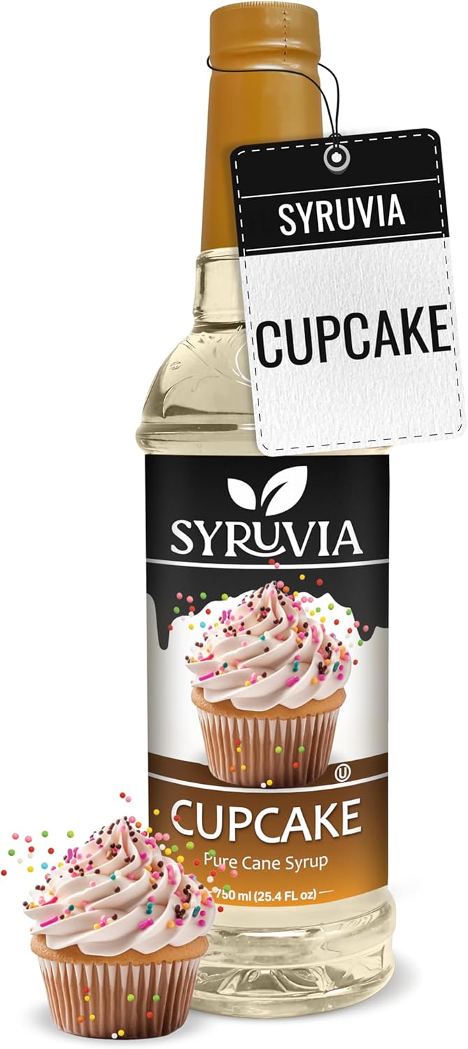 Syruvia Cupcake Coffee Syrup - 25.4 fl oz Premium Coffee Flavoring Syrup - Kosher Syrups, Gluten Free, No Coloring, Perfect for Drinks, Soda, Shakes, Desserts, and More.