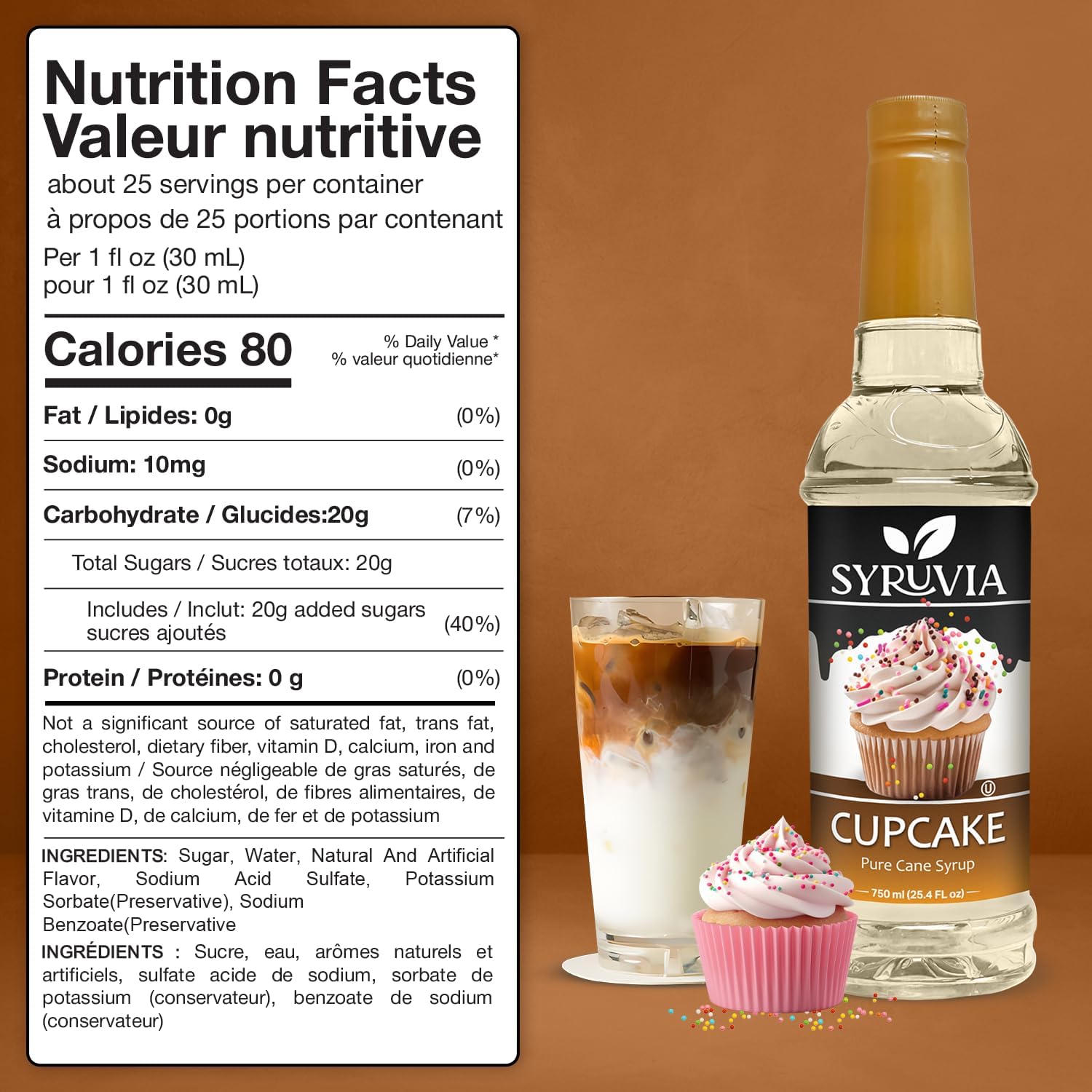 Syruvia Cupcake Coffee Syrup - 25.4 fl oz Premium Coffee Flavoring Syrup - Kosher Syrups, Gluten Free, No Coloring, Perfect for Drinks, Soda, Shakes, Desserts, and More.