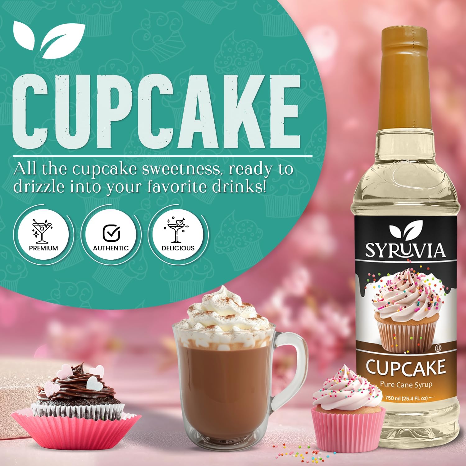 Syruvia Cupcake Coffee Syrup - 25.4 fl oz Premium Coffee Flavoring Syrup - Kosher Syrups, Gluten Free, No Coloring, Perfect for Drinks, Soda, Shakes, Desserts, and More.