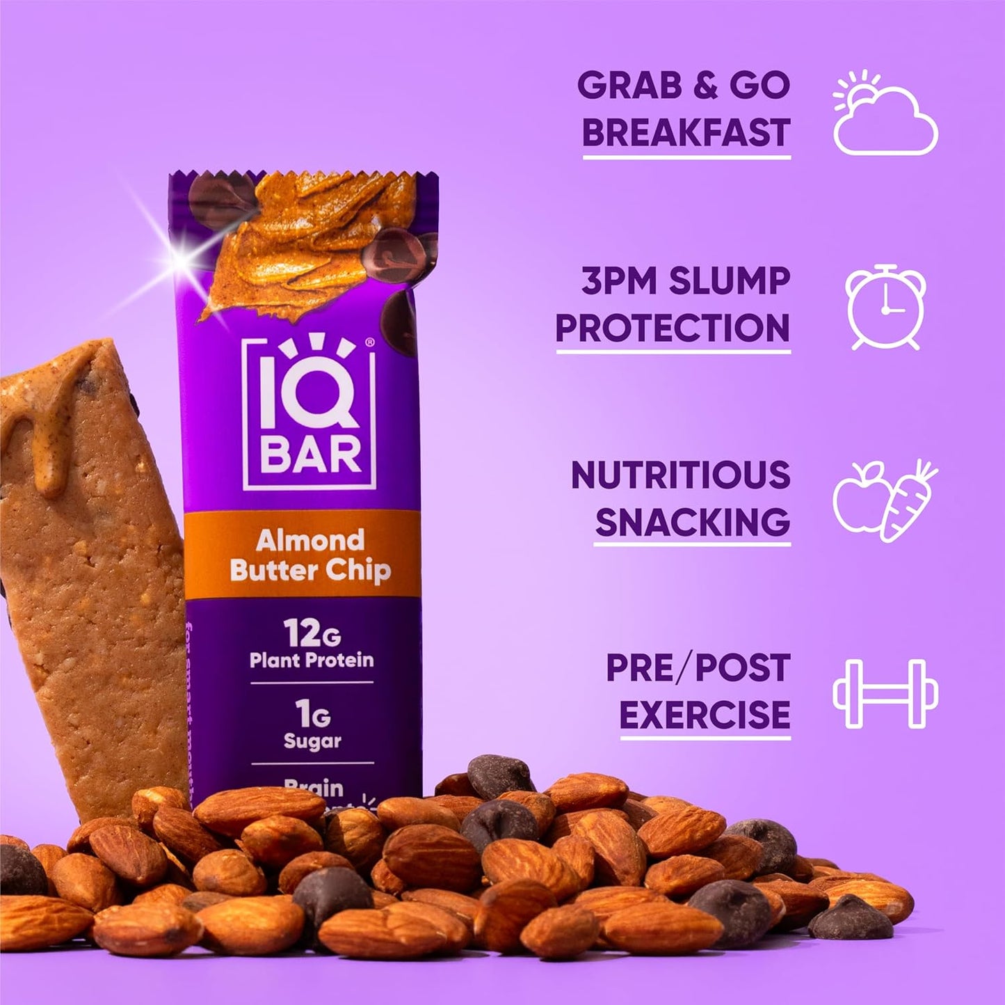 IQBAR Brain Body Keto Protein Bars - Almond Butter Chip Bars 12 - Count Energy Bar - Low Carb High Fiber Vegan Bars Low Sugar Meal Bars - Vegan Snacks