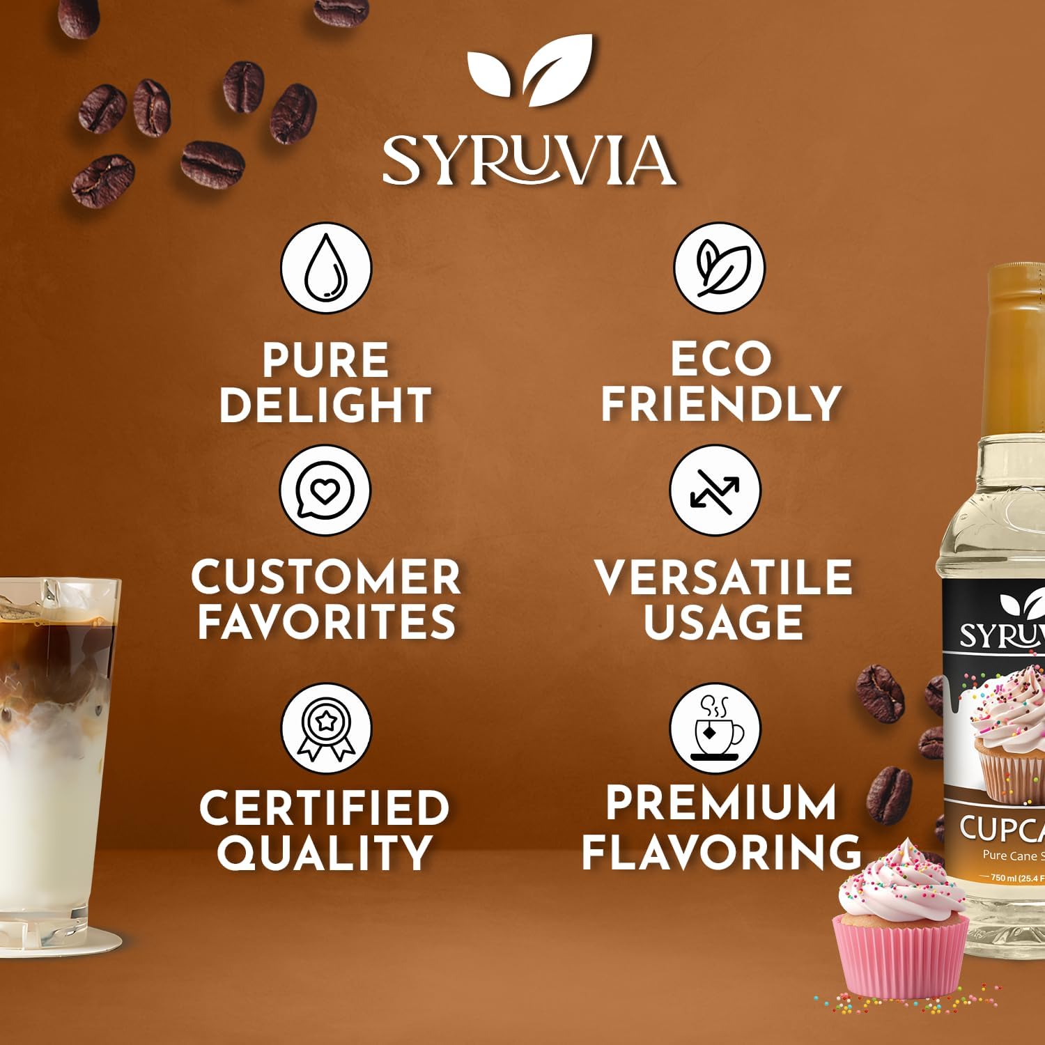 Syruvia Cupcake Coffee Syrup - 25.4 fl oz Premium Coffee Flavoring Syrup - Kosher Syrups, Gluten Free, No Coloring, Perfect for Drinks, Soda, Shakes, Desserts, and More.