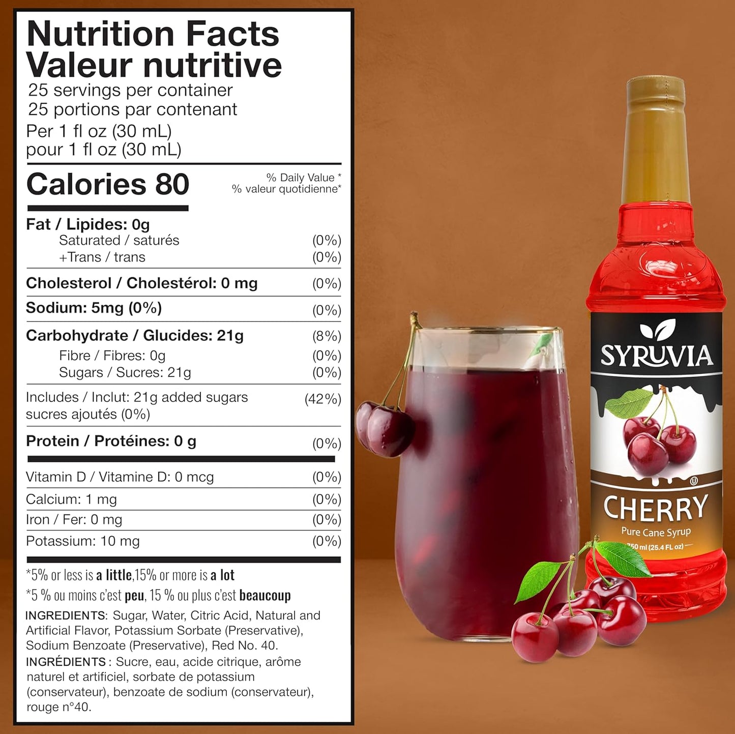 Syruvia Cherry Syrup - Premium Flavoring Syrup for Tea, Italian Sodas, Beverages, Desserts, Ice Cream, Cocktails & Mocktails - Kosher, Gluten Free - 25.4 fl oz