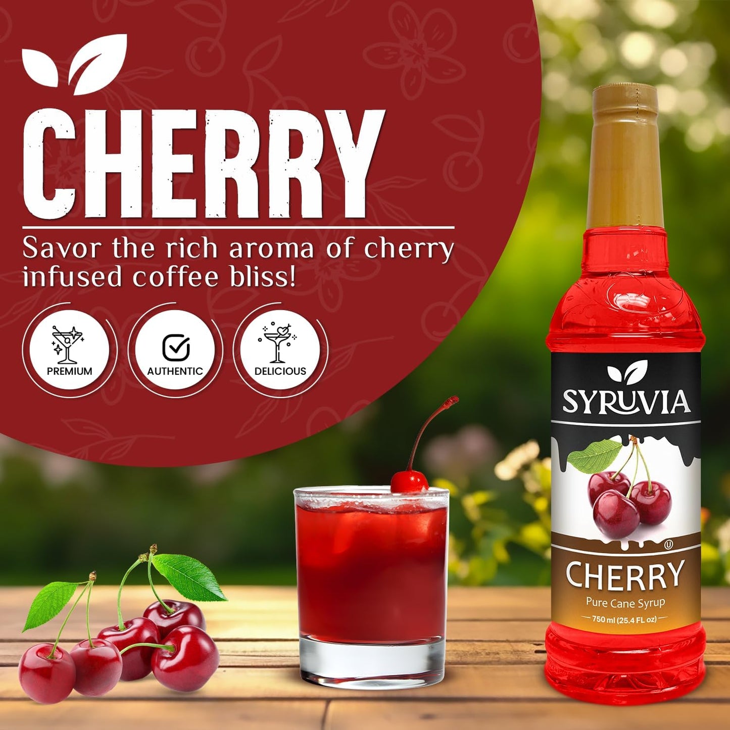 Syruvia Cherry Syrup - Premium Flavoring Syrup for Tea, Italian Sodas, Beverages, Desserts, Ice Cream, Cocktails & Mocktails - Kosher, Gluten Free - 25.4 fl oz