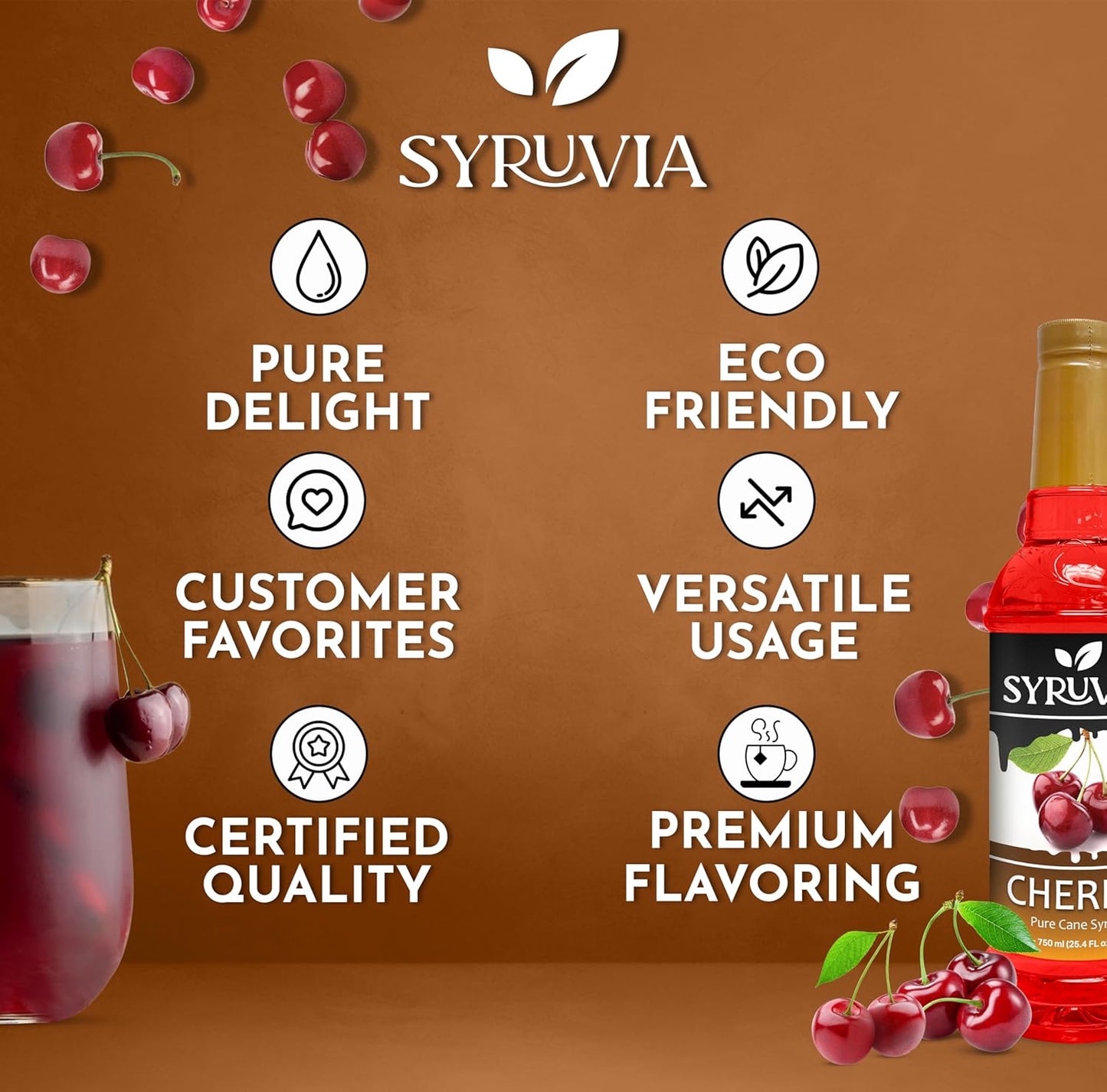 Syruvia Cherry Syrup - Premium Flavoring Syrup for Tea, Italian Sodas, Beverages, Desserts, Ice Cream, Cocktails & Mocktails - Kosher, Gluten Free - 25.4 fl oz