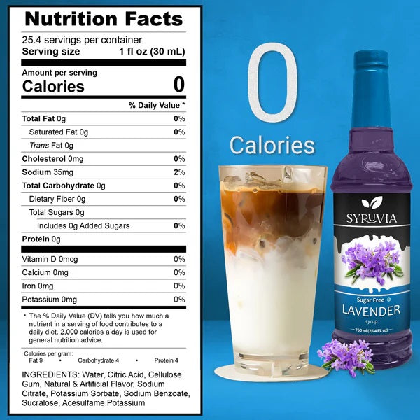 Syruvia Sugar-Free Lavender Syrup - 25.4 fl oz. Premium Coffee Flavoring Syrup. 0 Calories, Kosher, and Gluten-Free. Perfect for Drinks, Sodas, Shakes, Desserts, and More.