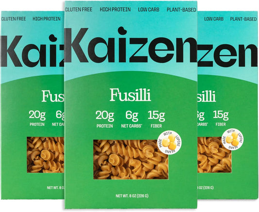 Kaizen Low Carb Pasta Fusilli - Gluten-Free, High Protein, Keto Friendly, Plant Based, Made with High Fiber Lupin Flour - 8 ounces (Pack of 3)