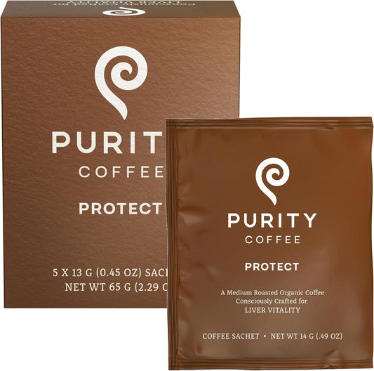 PURITY COFFEE PROTECT High Antioxidant Light-Medium Roast Single Serve Sachets (5ct Box) | Specialty-Grade USDA Organic Arabica Blend | Third Party Tested for Mold, Mycotoxins & Pesticides