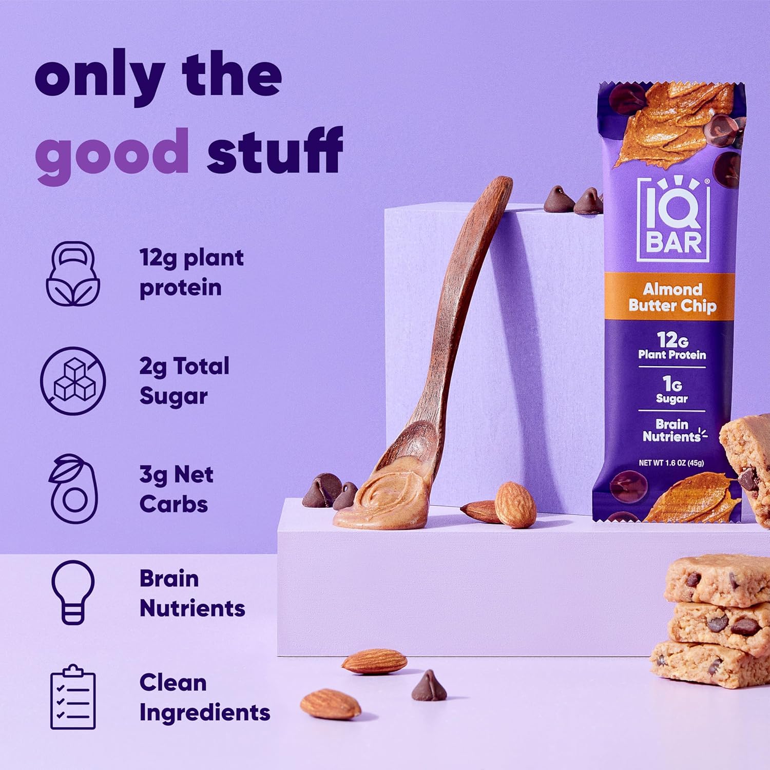 IQBAR Brain Body Keto Protein Bars - Almond Butter Chip Bars 12 - Count Energy Bar - Low Carb High Fiber Vegan Bars Low Sugar Meal Bars - Vegan Snacks