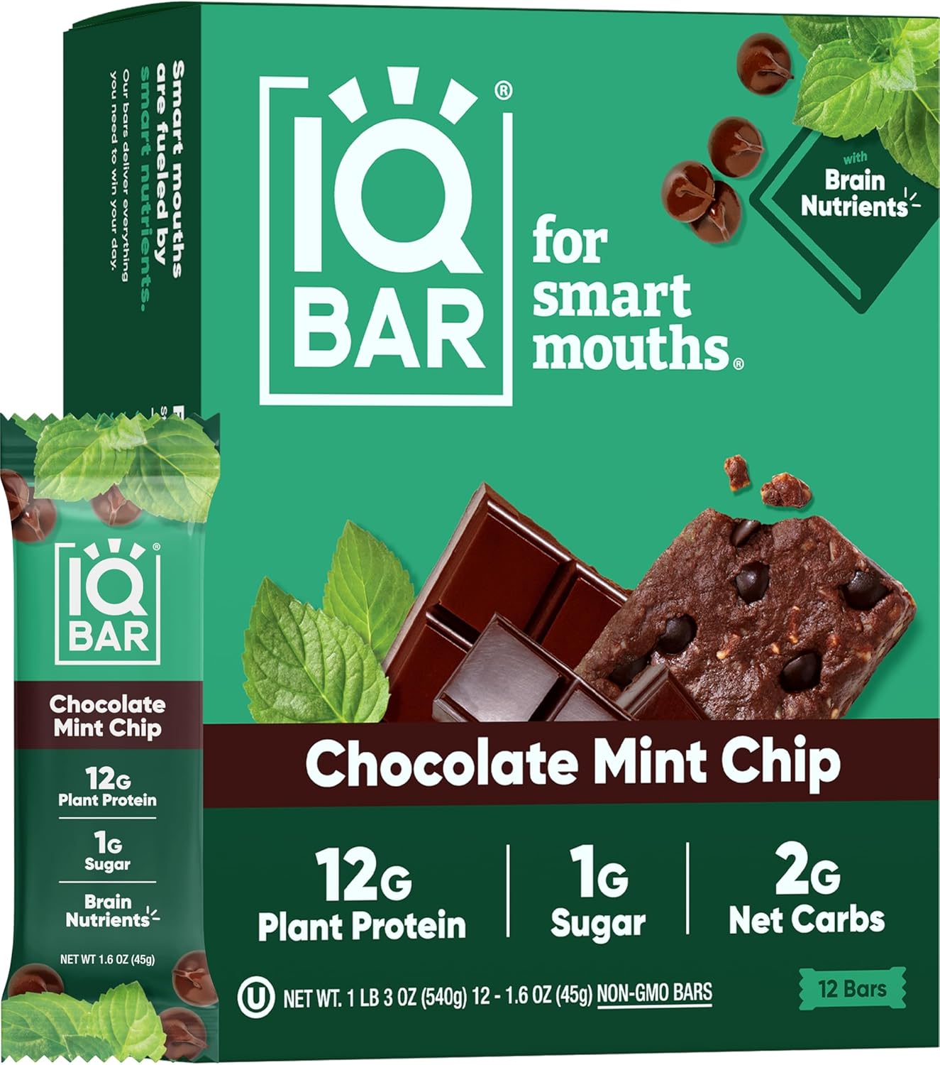 IQBAR Brain and Body Plant Protein Bars - Chocolate Mint Chip - 12-Count Low Carb - Gluten Free, High Fiber, Vegan Snacks - Low Sugar Meal Replacement