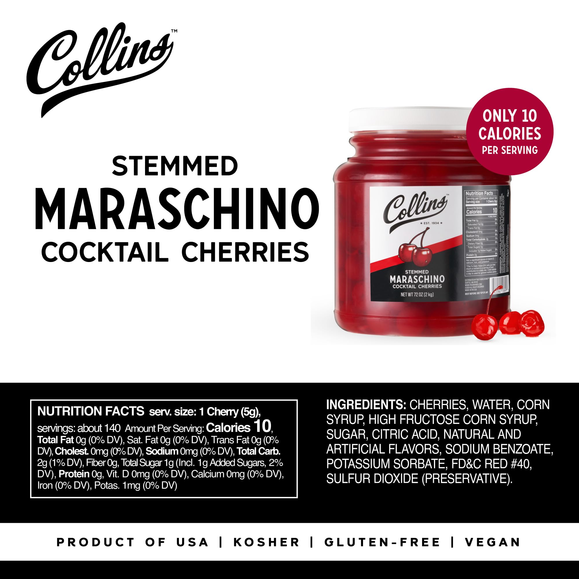Collins Stemmed Maraschino Cocktail Cherries – 72 oz