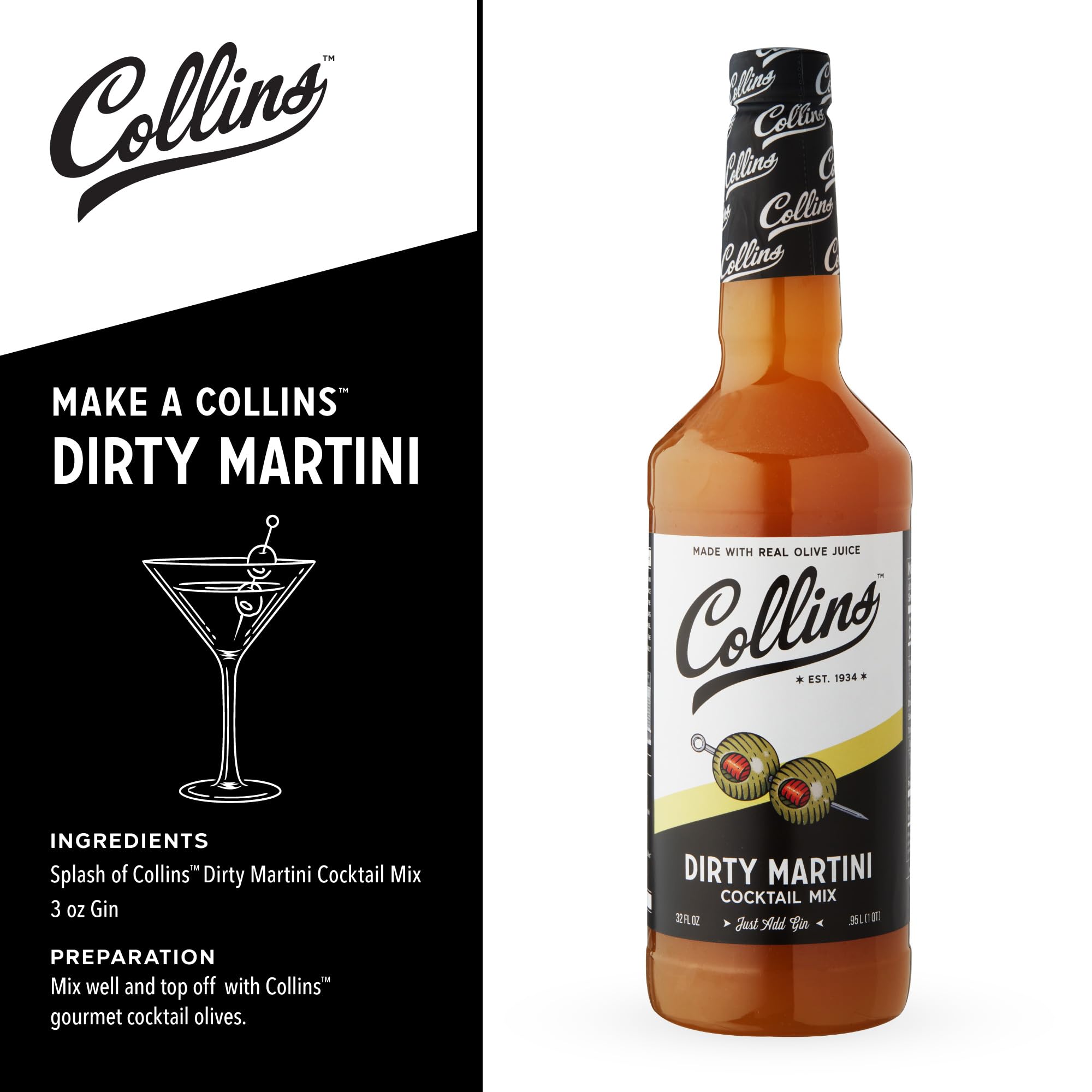 Collins Dirty Martini Mix | Made with Real Olive Brine | 32 fl oz