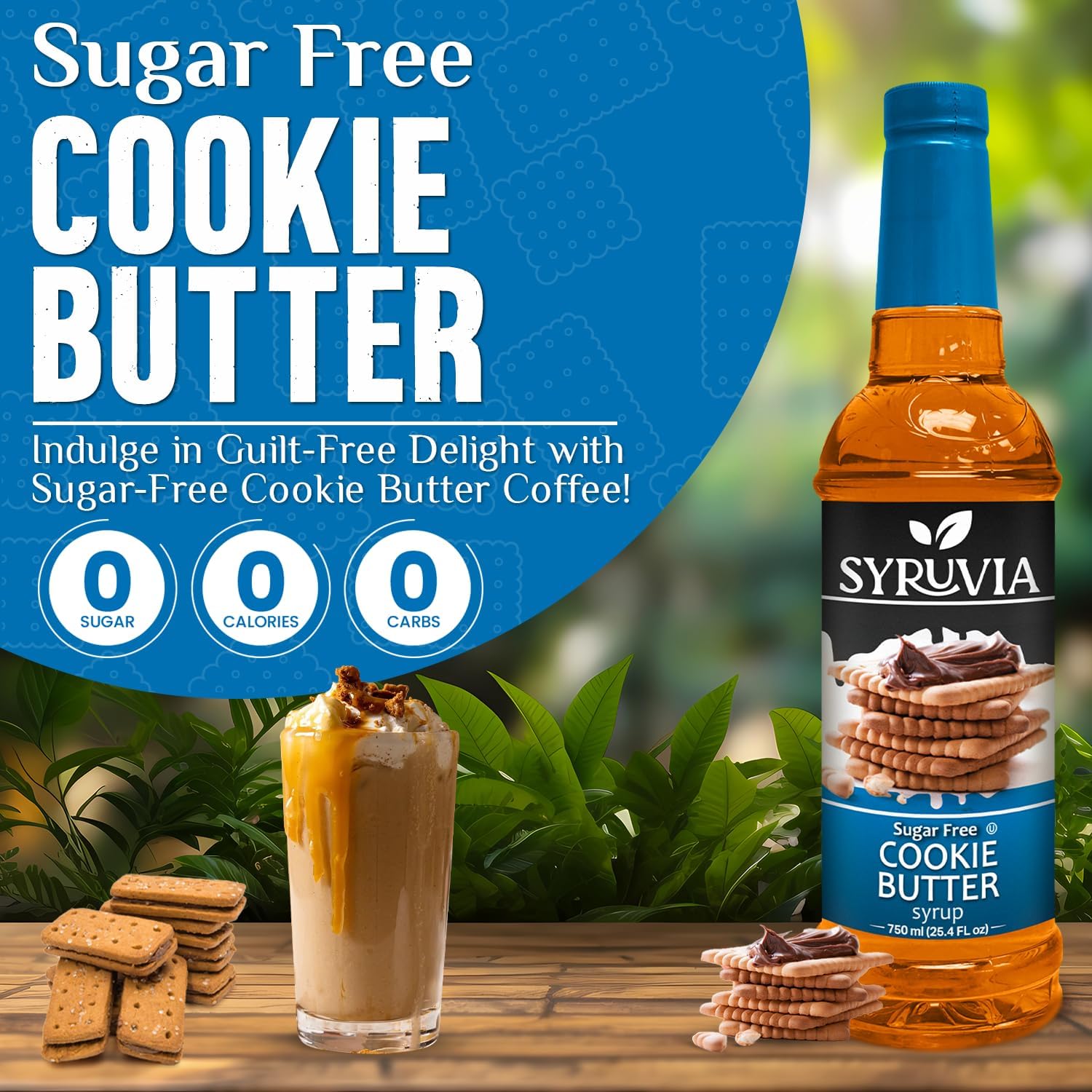 Syruvia Sugar-Free Cookie Butter Coffee Syrup - 25.4 fl oz. Premium Coffee Flavoring Syrup. 0 Calories, Kosher, and Gluten-Free. Perfect for Enhancing Drinks, Sodas, Shakes, Desserts, and More