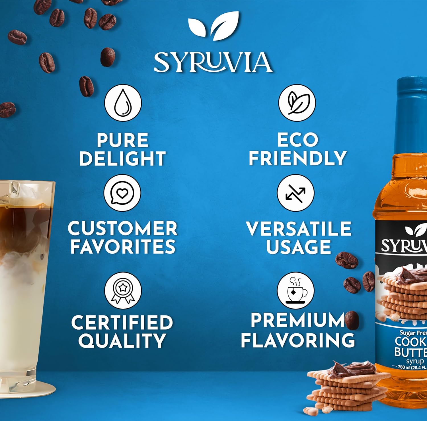 Syruvia Sugar-Free Cookie Butter Coffee Syrup - 25.4 fl oz. Premium Coffee Flavoring Syrup. 0 Calories, Kosher, and Gluten-Free. Perfect for Enhancing Drinks, Sodas, Shakes, Desserts, and More