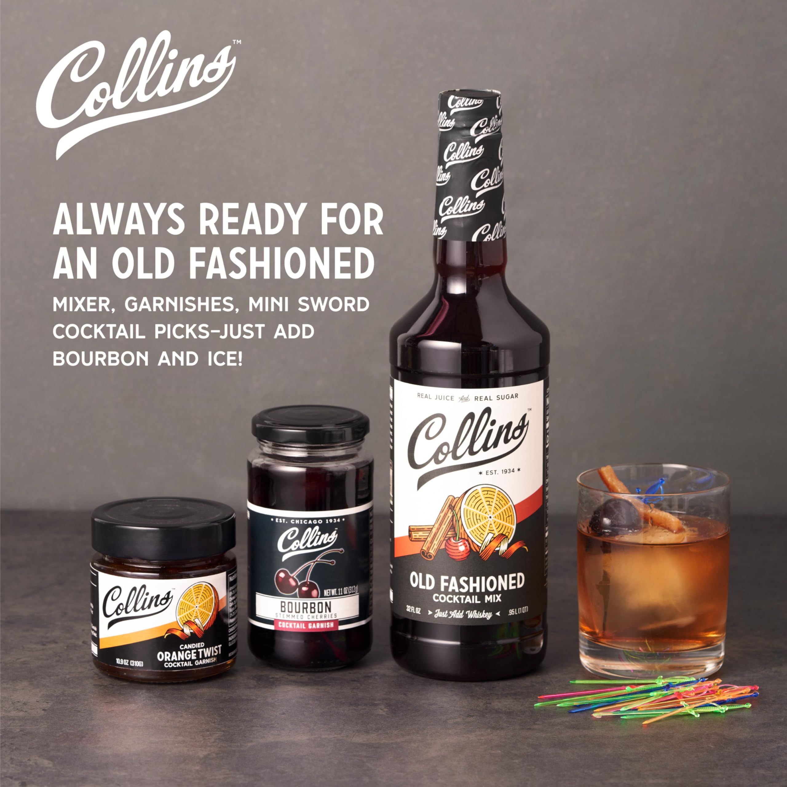 Collins Old Fashioned Kit — Complete Cocktail Set with Mix, Cherries, Orange Garnish & Pick
