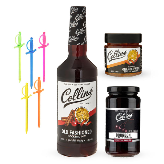 Collins Old Fashioned Kit, Whiskey Cocktail Mix, Orange Garnish, Bourbon Cherries, Drink Picks, Set of 4 Bar Accessories for Making Drinks