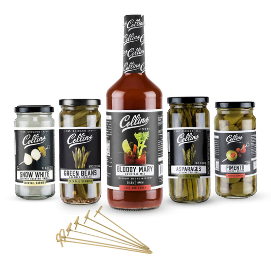 Collins Ultimate Bloody Mary Kit, Vodka Cocktail Mix, Stuffed Olives and Garnishes, Drink Picks, Home Bar Accessories, Home Bar Kit, Bartender Mixer, Drinking Gifts, Mixology Kit, Set of 6