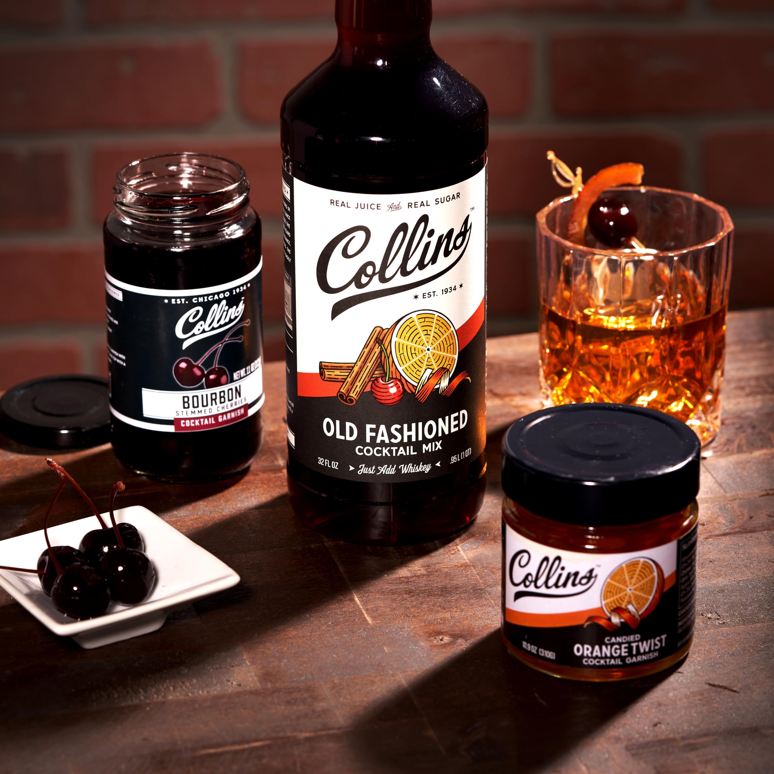 Collins Old Fashioned Kit — Complete Cocktail Set with Mix, Cherries, Orange Garnish & Pick