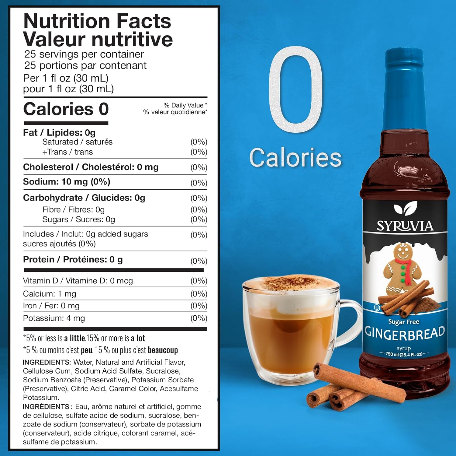 Syruvia Sugar-Free Gingerbread Coffee Syrup - 25.4 fl oz Premium Coffee Flavoring Syrup - 0 Calorie- Kosher Coffee Syrups, Gluten Free, Perfect for Drinks, Soda, Shakes, Desserts, and More