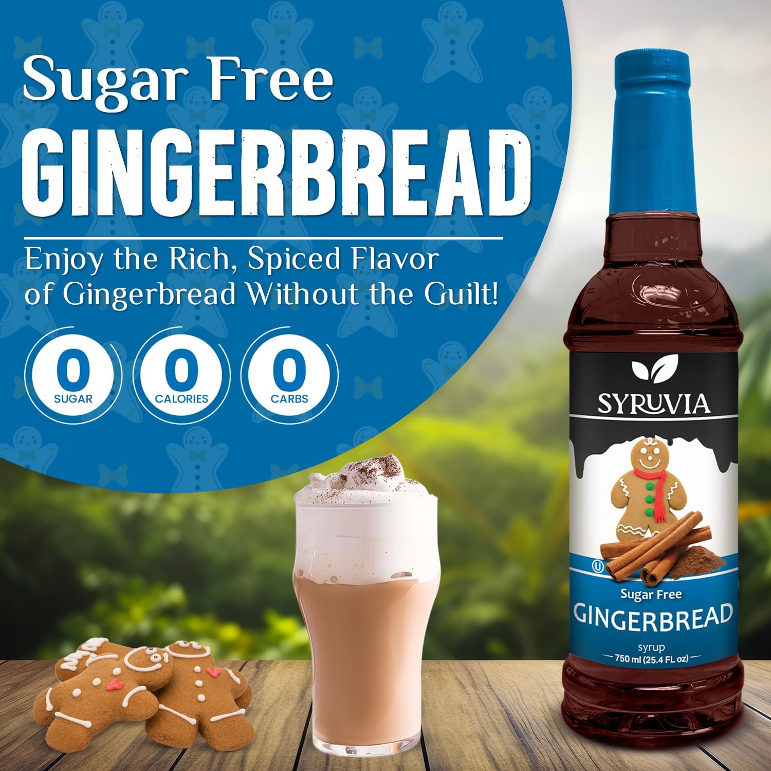 Syruvia Sugar-Free Gingerbread Coffee Syrup - 25.4 fl oz Premium Coffee Flavoring Syrup - 0 Calorie- Kosher Coffee Syrups, Gluten Free, Perfect for Drinks, Soda, Shakes, Desserts, and More