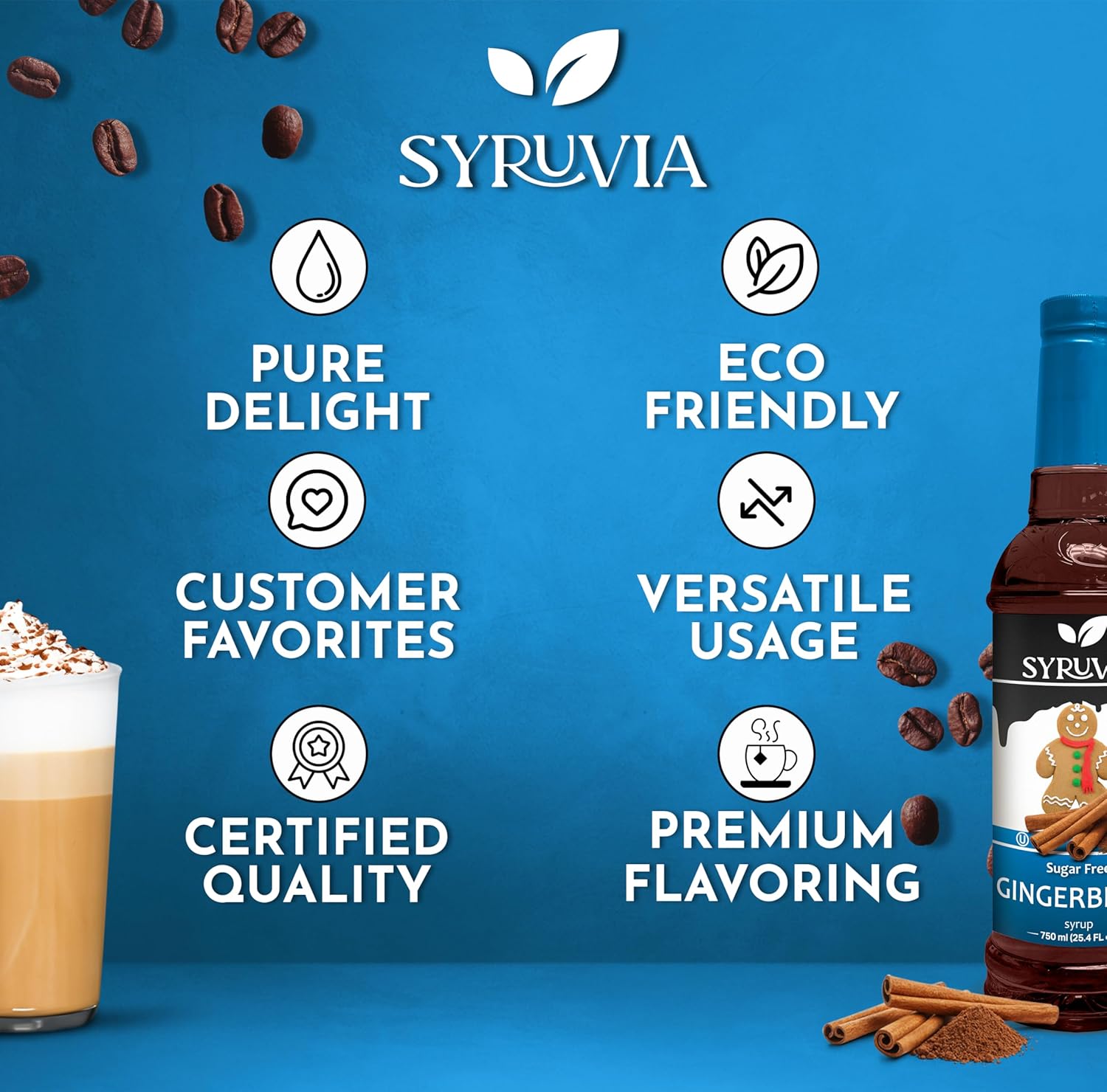 Syruvia Sugar-Free Gingerbread Coffee Syrup - 25.4 fl oz Premium Coffee Flavoring Syrup - 0 Calorie- Kosher Coffee Syrups, Gluten Free, Perfect for Drinks, Soda, Shakes, Desserts, and More