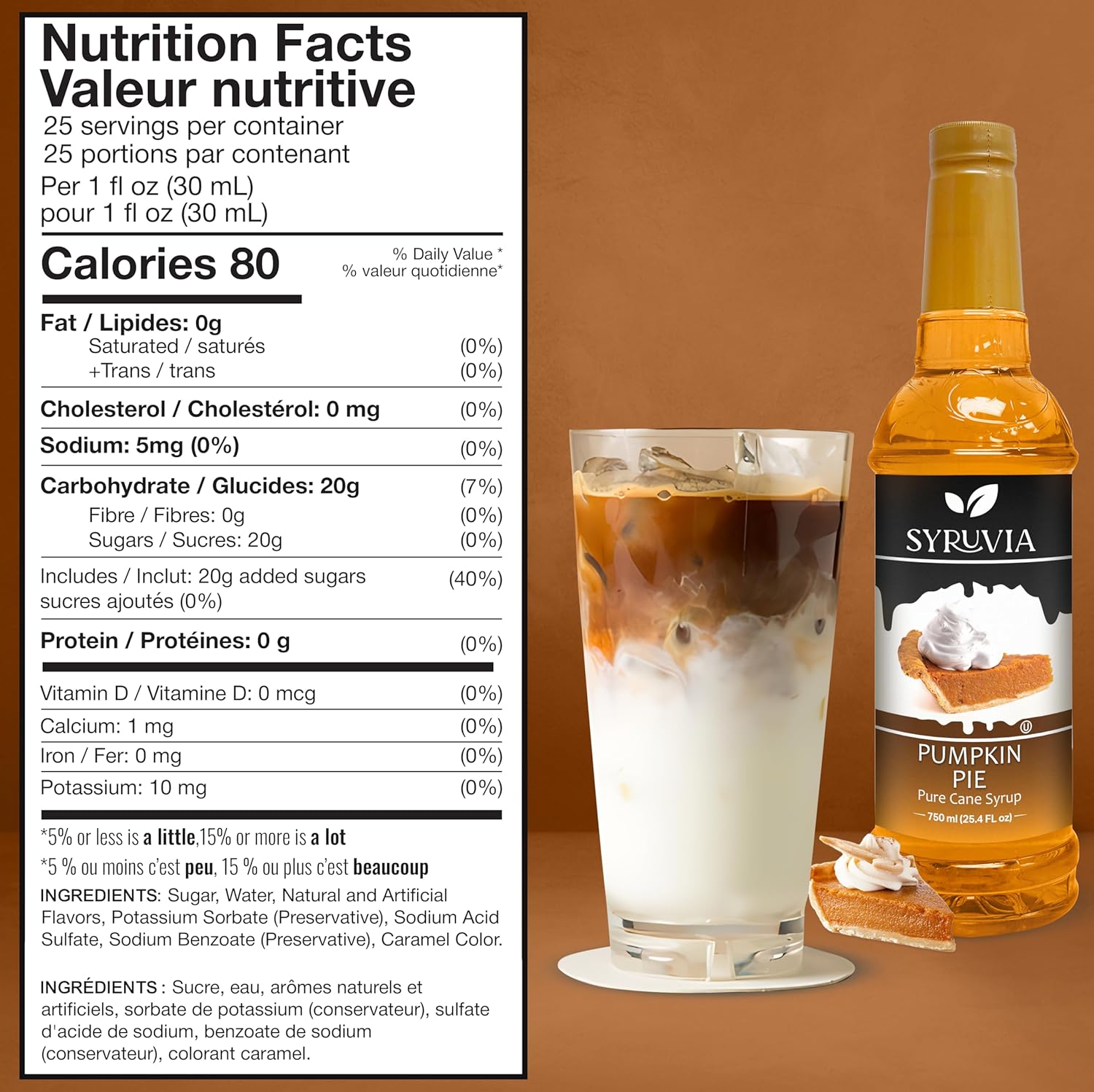 Syruvia Pumpkin Pie Syrup for Coffee – Delicious Pumpkin Pie Coffee Syrup, 25.4 fl oz, Kosher, Gluten Free, Perfect for Coffee, Drinks, Desserts, and More, No Coloring