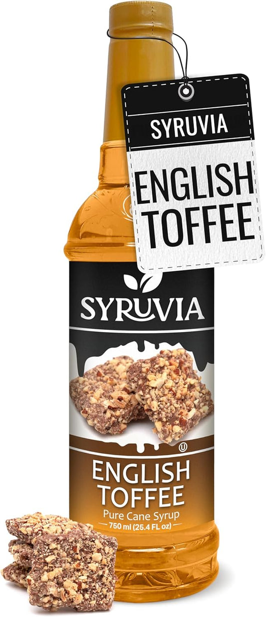 Syruvia English Toffee Coffee Syrup - 25.4 fl oz Premium Coffee Flavoring Syrup - Kosher Coffee Syrups, Gluten Free, No Coloring, Perfect for Drinks, Soda, Shakes, Desserts, and More