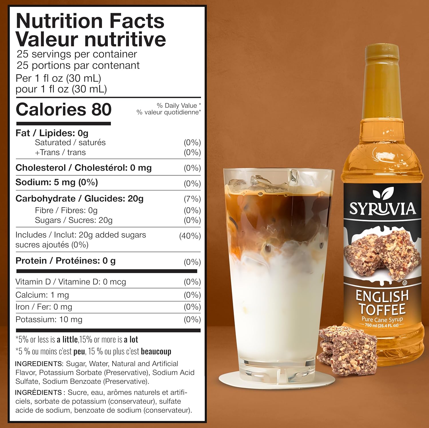 Syruvia English Toffee Coffee Syrup - 25.4 fl oz Premium Coffee Flavoring Syrup - Kosher Coffee Syrups, Gluten Free, No Coloring, Perfect for Drinks, Soda, Shakes, Desserts, and More