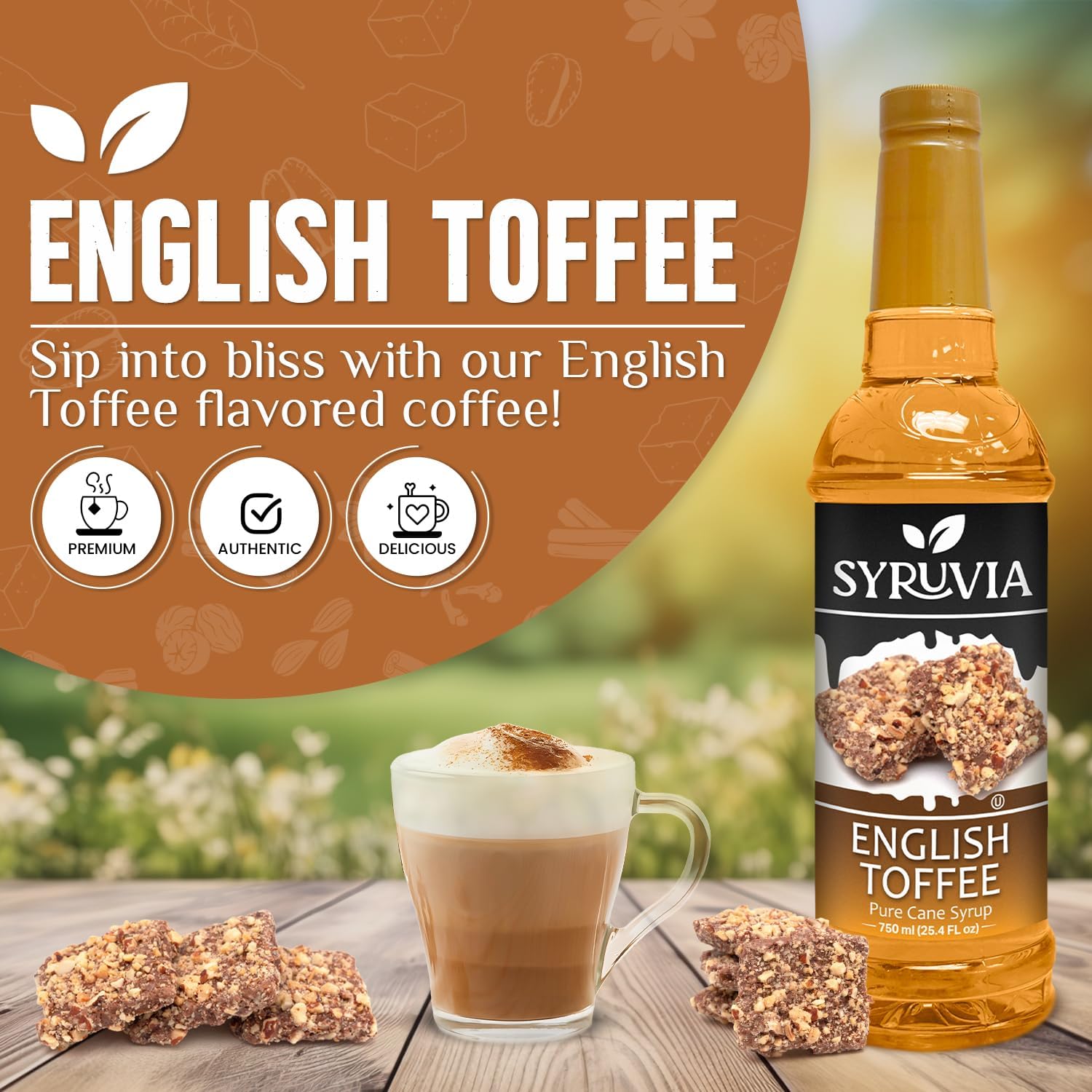 Syruvia English Toffee Coffee Syrup - 25.4 fl oz Premium Coffee Flavoring Syrup - Kosher Coffee Syrups, Gluten Free, No Coloring, Perfect for Drinks, Soda, Shakes, Desserts, and More