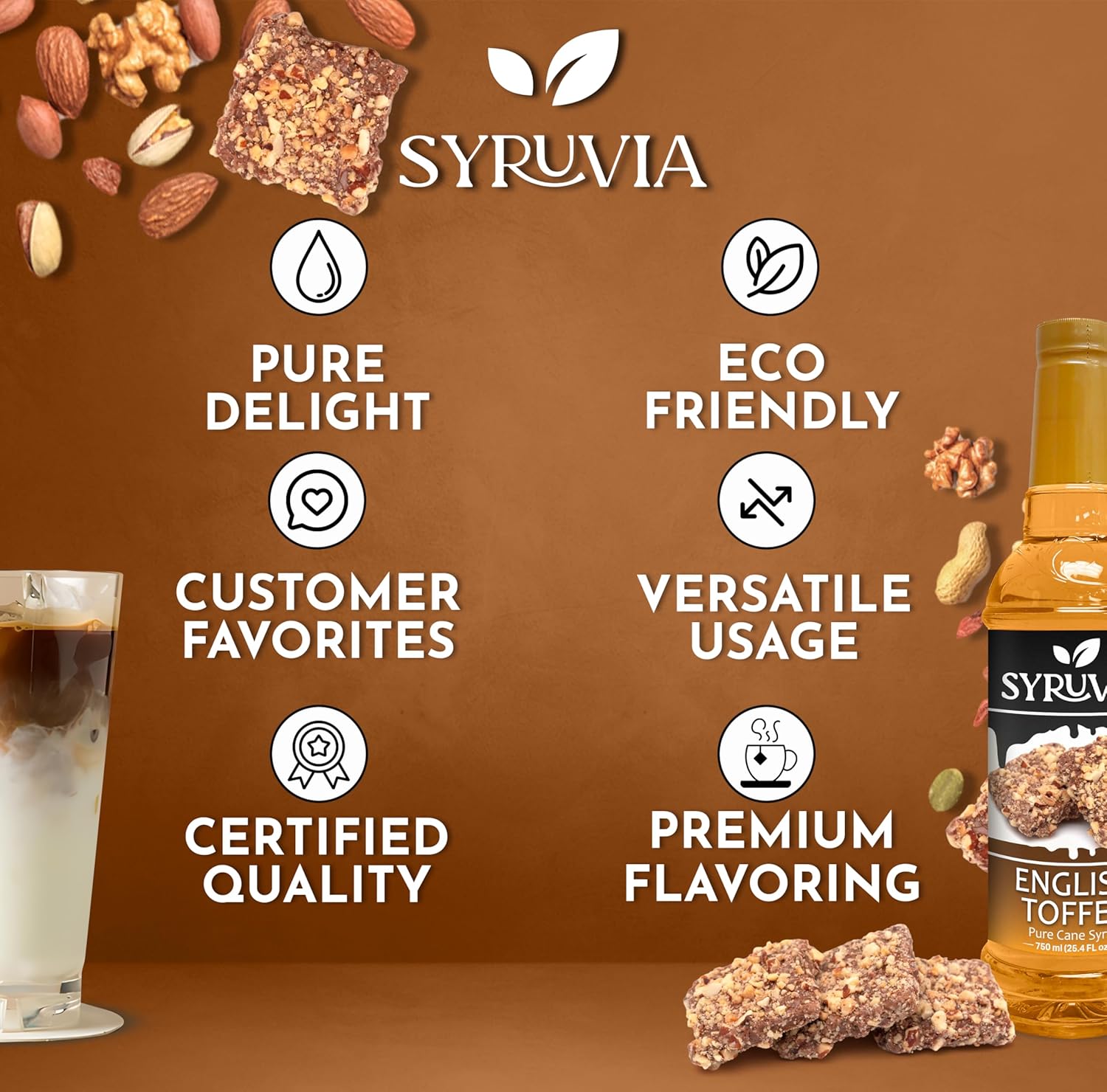 Syruvia English Toffee Coffee Syrup - 25.4 fl oz Premium Coffee Flavoring Syrup - Kosher Coffee Syrups, Gluten Free, No Coloring, Perfect for Drinks, Soda, Shakes, Desserts, and More