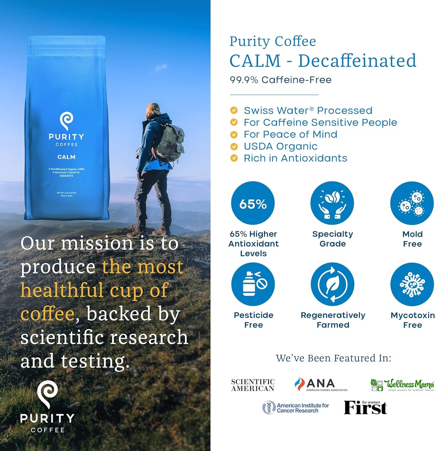 PURITY COFFEE CALM Decaf Medium Roast Whole Bean (2268g Bag) | Specialty-Grade USDA Organic Mountain Water Process Decaffeinated Blend | Third Party Tested for Mold, Mycotoxins & Pesticides