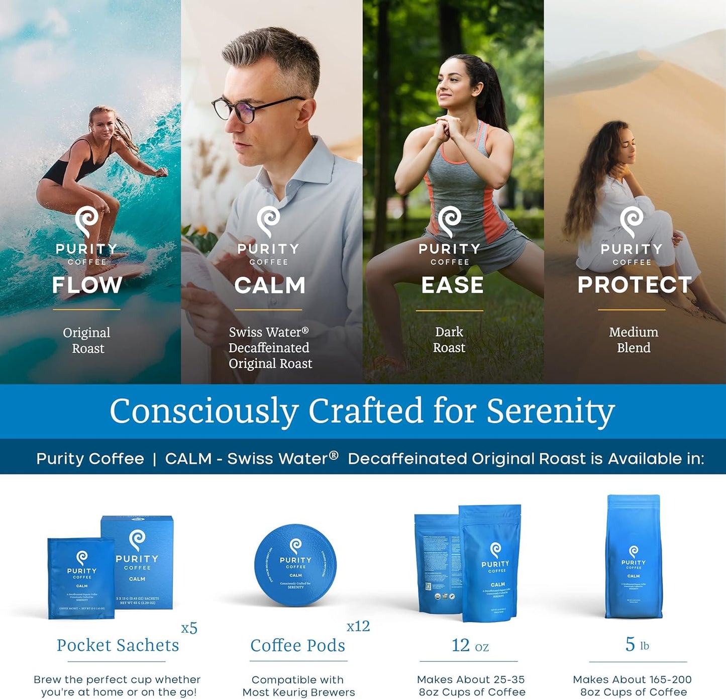 PURITY COFFEE CALM Decaf Medium Roast Whole Bean (2268g Bag) | Specialty-Grade USDA Organic Mountain Water Process Decaffeinated Blend | Third Party Tested for Mold, Mycotoxins & Pesticides