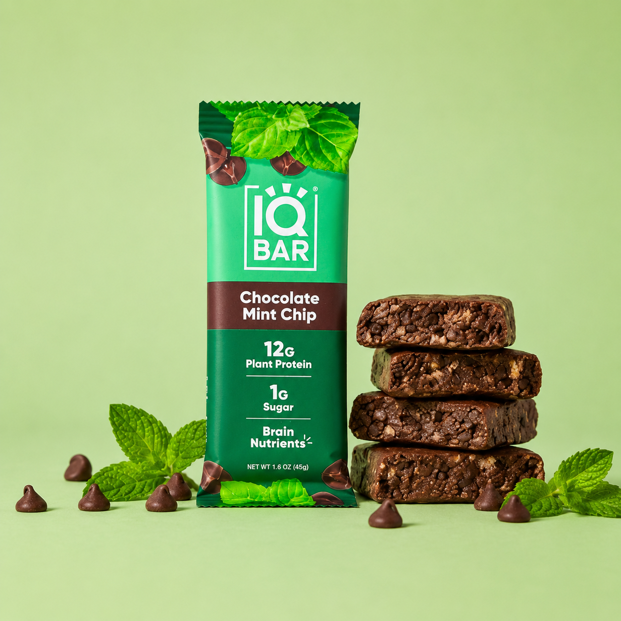 IQBAR Chocolate Mint Chip Plant Protein Bars – 12 Pack, 1.6 oz Each