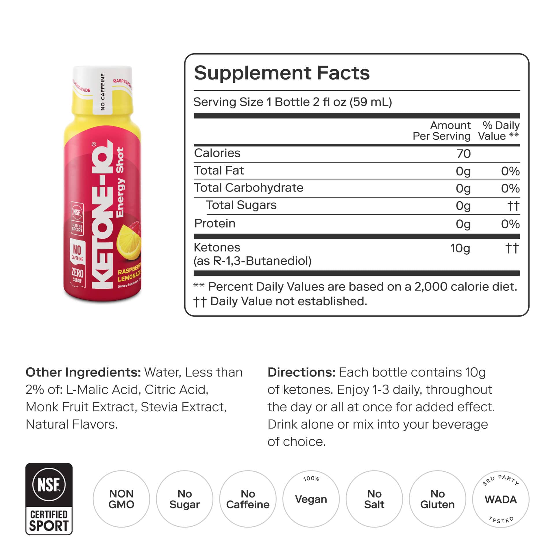 Ketone-IQ Caffeine-Free Shot, Raspberry Lemonade, 6 Bottles, 2 fl oz (59 ml) Each