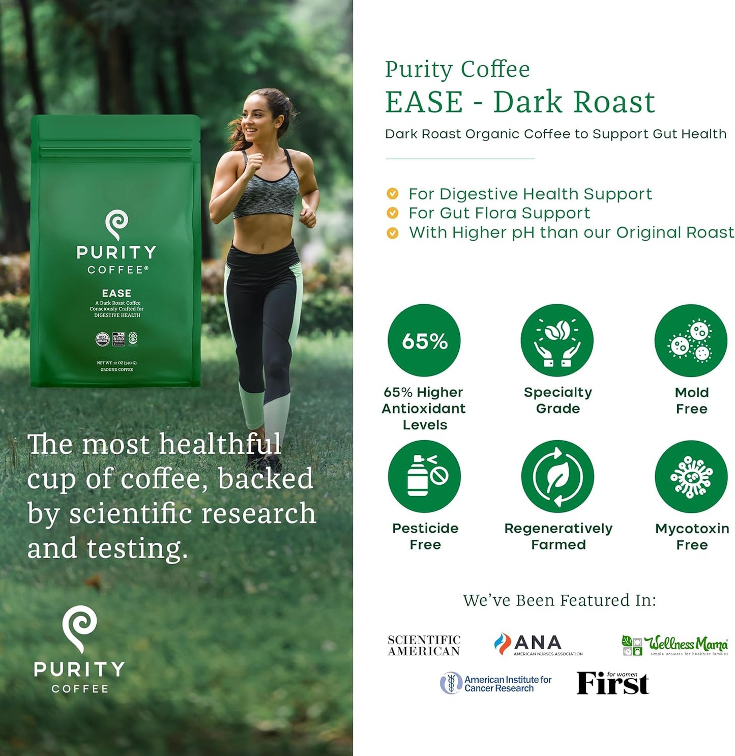 PURITY COFFEE EASE Low Acid Dark Roast Ground (340g Bag) | Specialty-Grade USDA Organic Arabica Blend | Third Party Tested for Mold, Mycotoxins & Pesticides