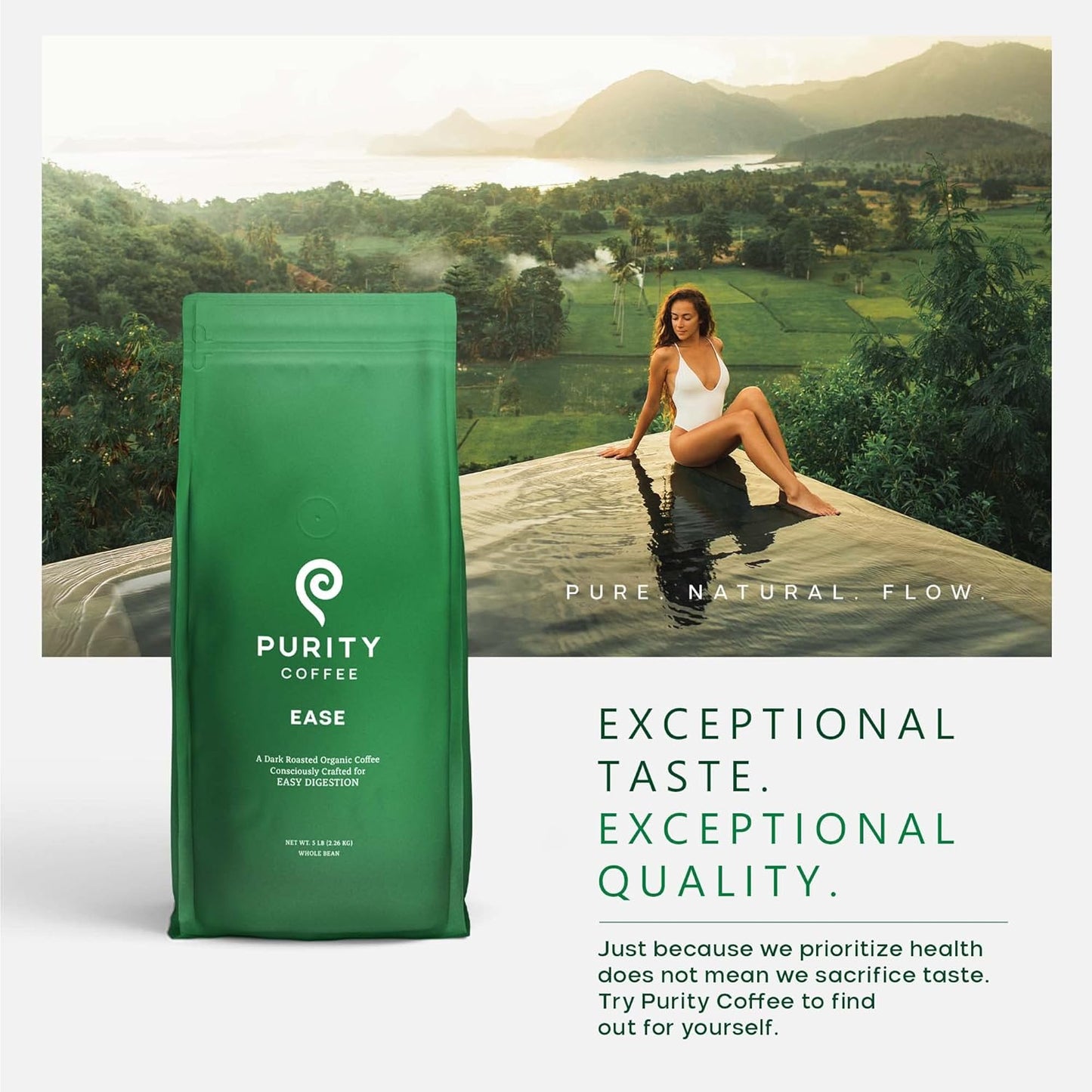 PURITY COFFEE EASE Low Acid Dark Roast Whole Bean (2268g Bag) | Specialty-Grade USDA Organic Arabica Blend | Third Party Tested for Mold, Mycotoxins & Pesticides