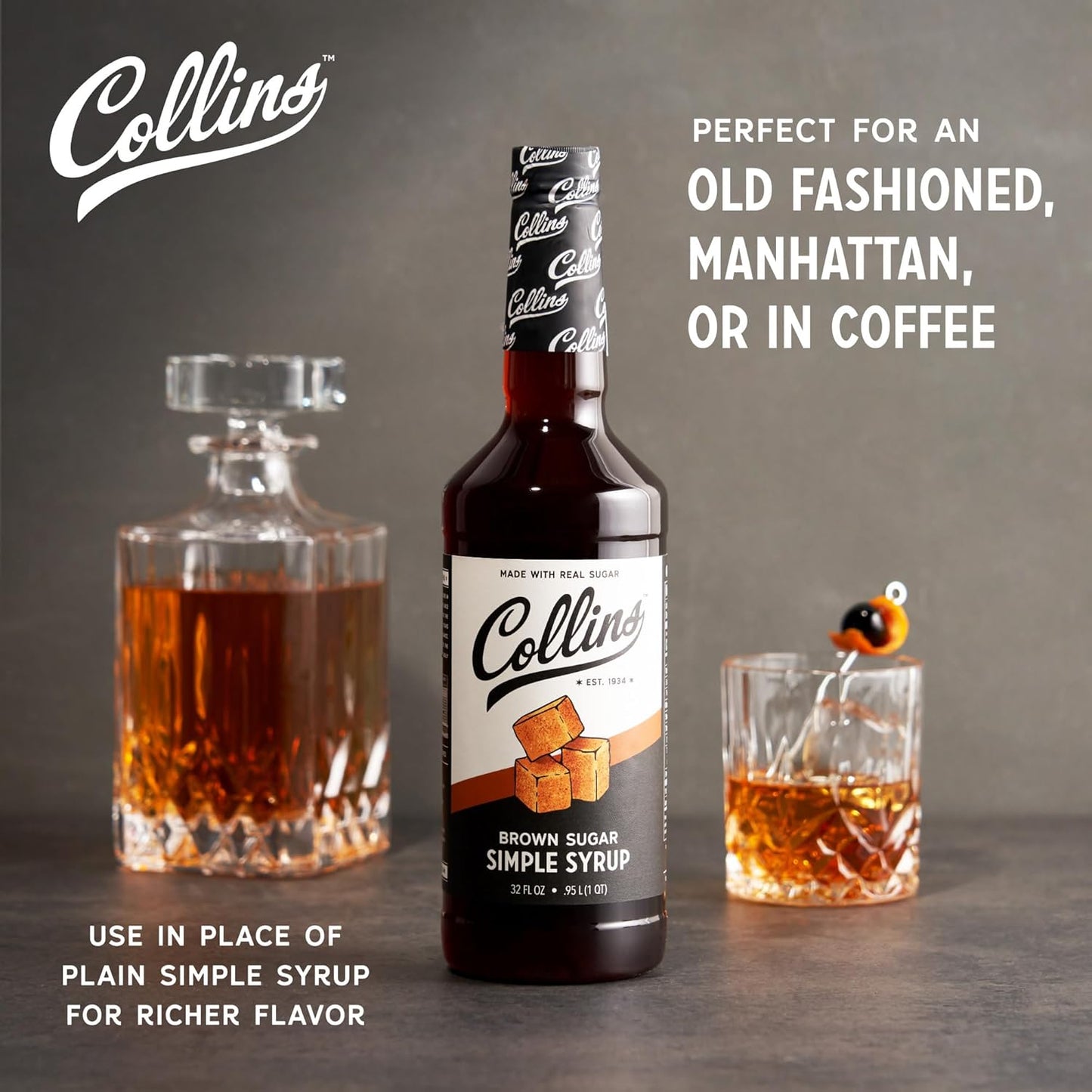 Collins Simple, Brown Sugar Coffee Cocktail Syrup 32oz Set of 1, Clear