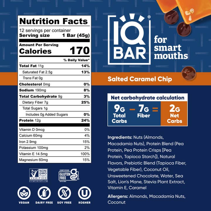 IQBAR Salted Caramel Chip Keto Protein Bars – 12 Pack, 1.6 oz Each