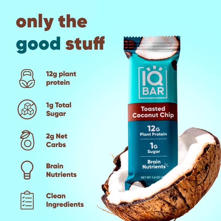 IQBAR Toasted Coconut Chip Keto Protein Bars – 12 Pack, 1.6 oz Each